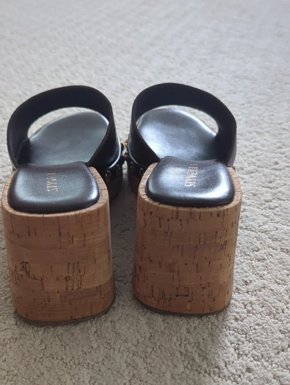Brown Cork Wedge Slide Sandals with Gold Stud Detail Size 6.5 NEW